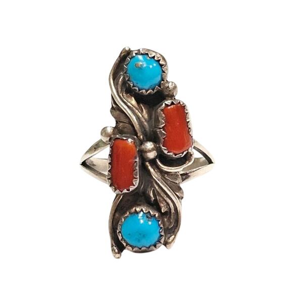 Vintage Navajo Turquoise & Coral Sterling Silver Ring - Picture 1 of 3
